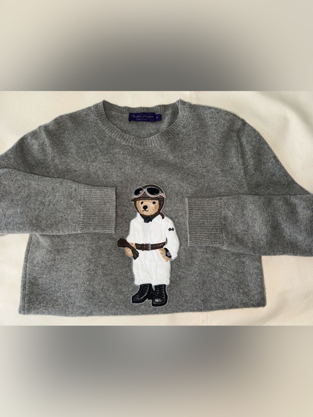 Purple Label Ralph Lauren Grey Sweater with Aviator Bear.